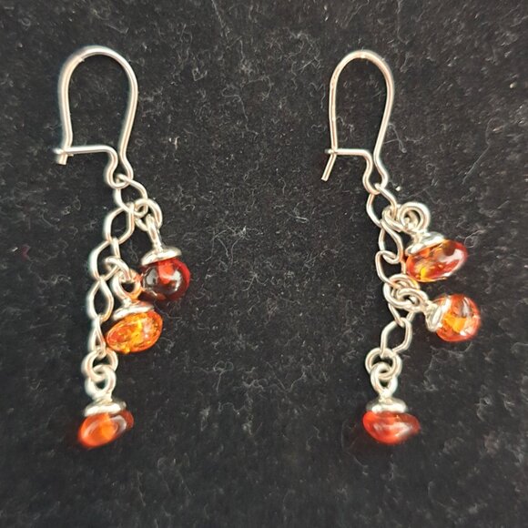 3 Strand 925 Sterling Silver and Genuine Baltic Amber Dangle Earrings - Picture 8 of 8